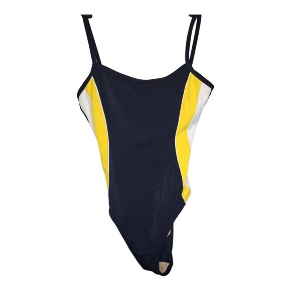 Vintage Liz Claiborne Blue Yellow Racer Stripe Open Back One Piece Swimsuit USA - Picture 3 of 10